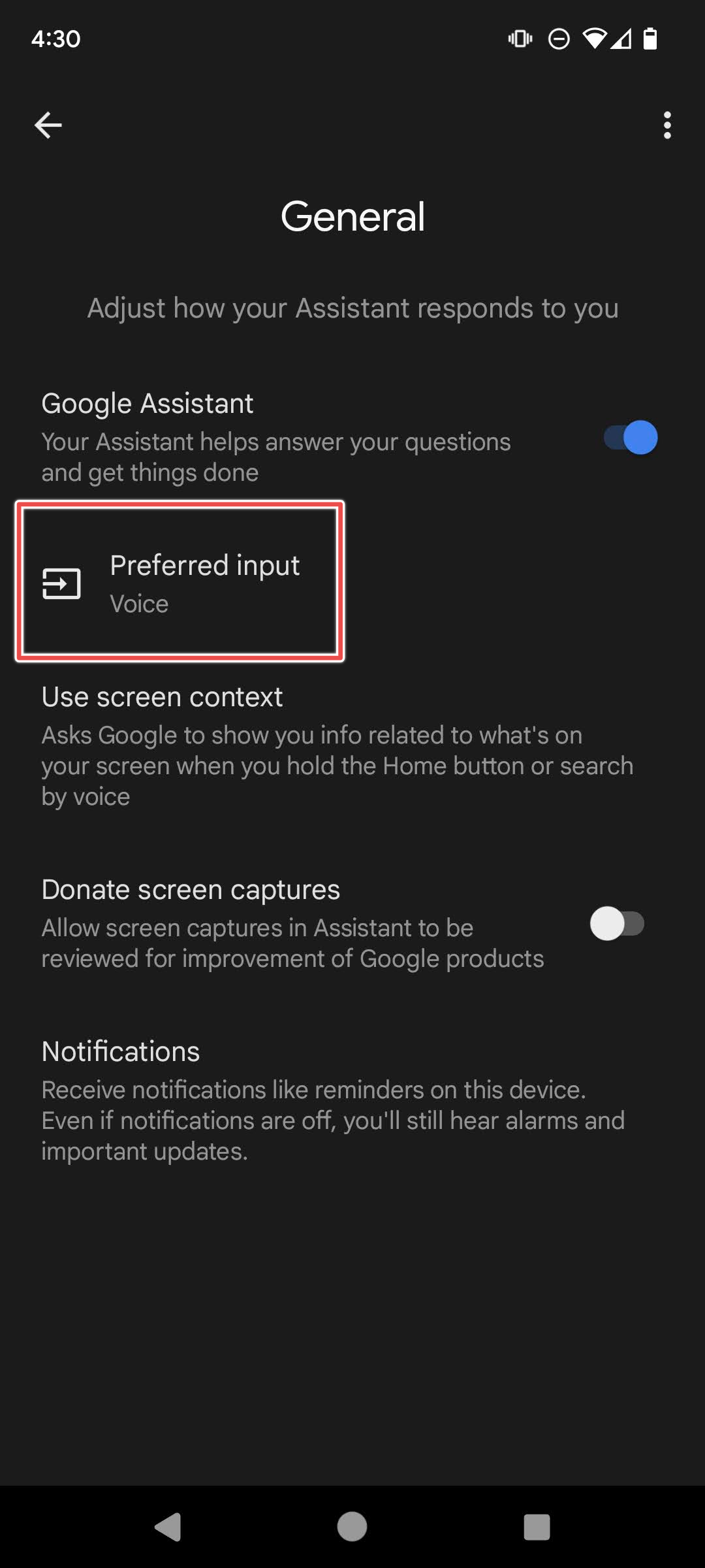 Entrada preferencial destacada nas configurações do Google Assistente no Android