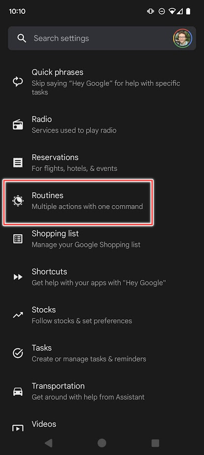 Rotinas destacadas nas configurações do Google Assistente no Android