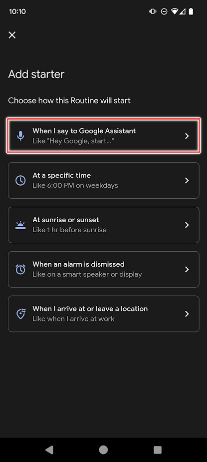 Opções iniciais de rotina do Google Assistente