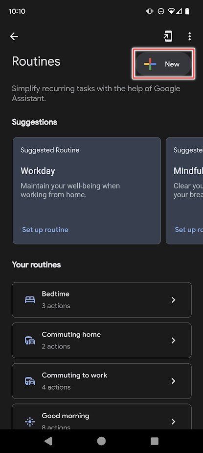 Novo botão em destaque na página Rotinas do Google Assistente no Android