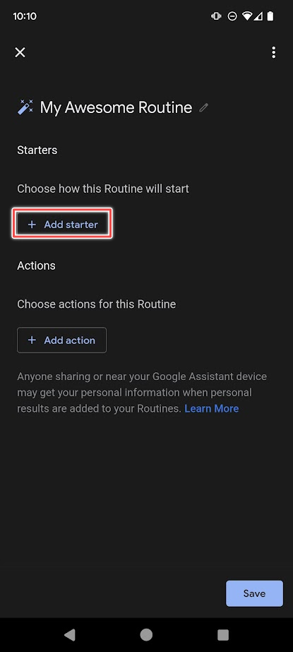 Adicionar botão inicial destacado nas opções de rotina do Google Assistente do Android