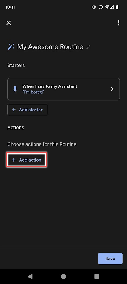 O botão adicionar ação destacado em uma nova rotina do Google Assistente