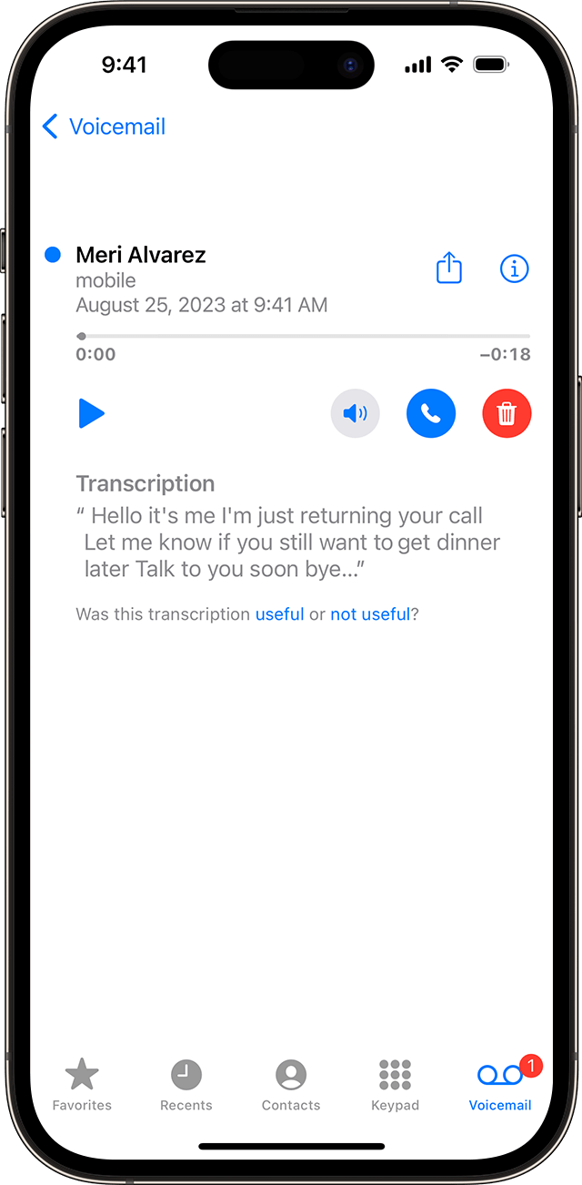 Exemplo de transcrição visual de correio de voz no iPhone. 