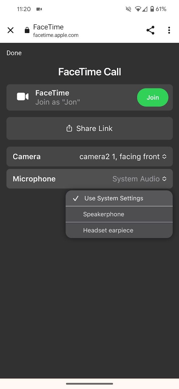 configurações de microfone para Facetime para navegadores móveis