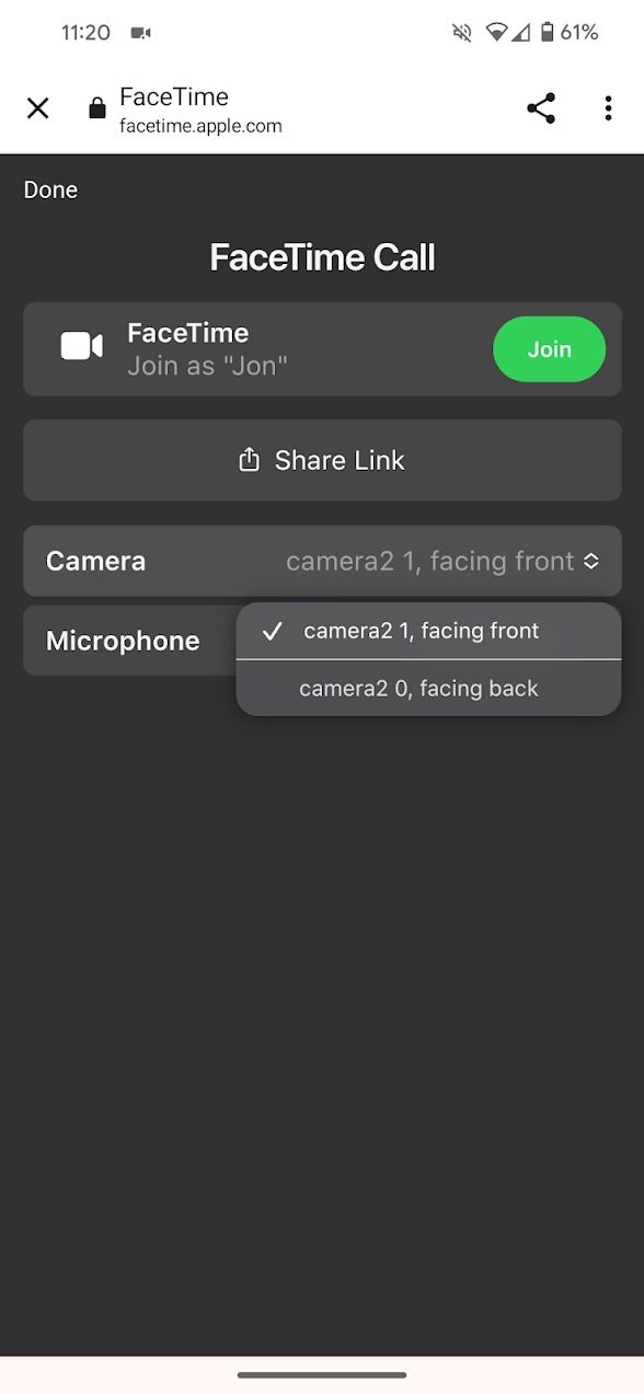 configurações da câmera para Facetime para navegadores móveis