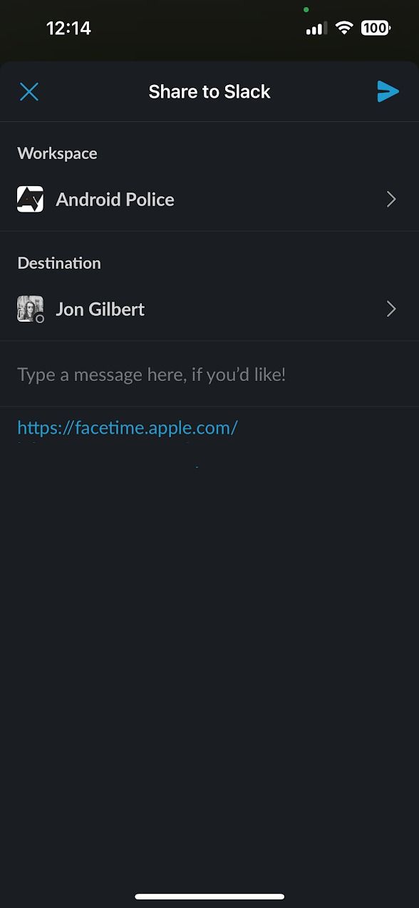 janela de compartilhamento do Slack no iOS