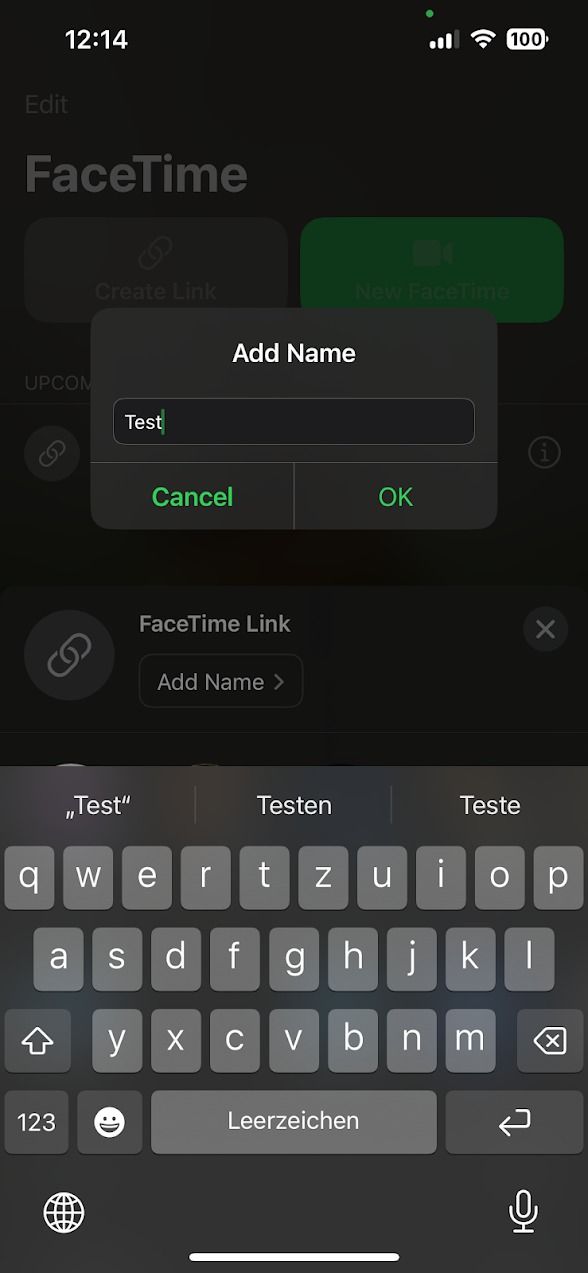 janela pop-up mostrando o prompt para criar um nome para uma chamada FaceTime no iOS