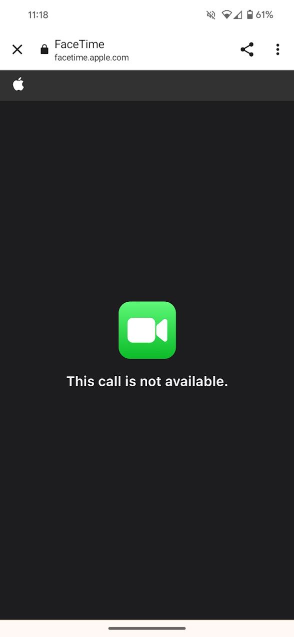 mensagem de erro mostrando que uma chamada facetime não está disponível