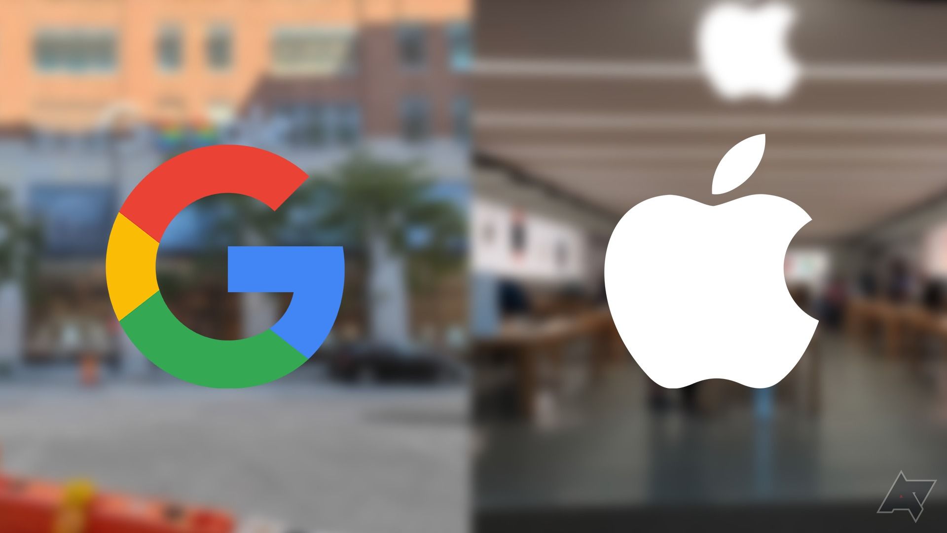 Um logotipo da Apple e do Google próximos um do outro com uma imagem desfocada de suas respectivas lojas ao fundo
