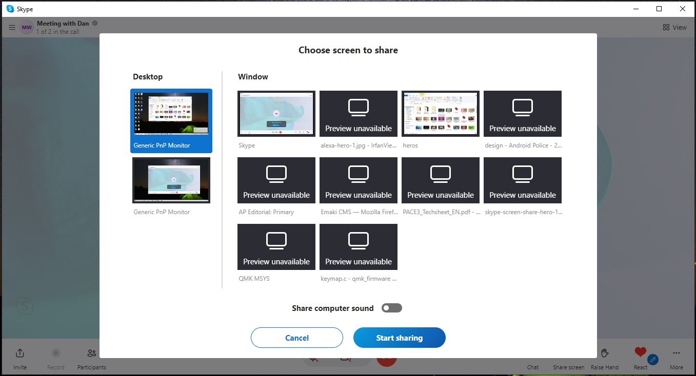 Aplicativo Skype para Windows Escolha a tela para compartilhar a janela