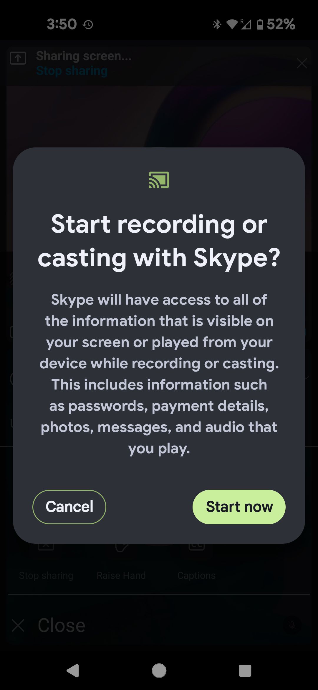 Aplicativo móvel Skype Comece a gravar ou transmitir com a janela de confirmação do Skype