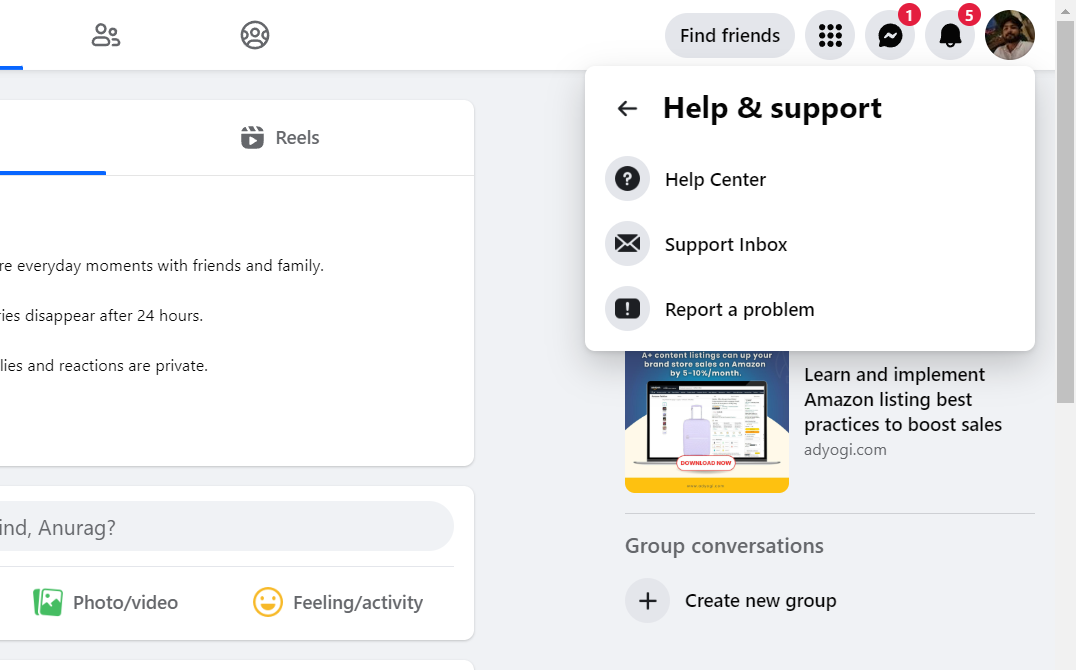 Captura de tela mostrando o menu de ajuda e suporte do Facebook
