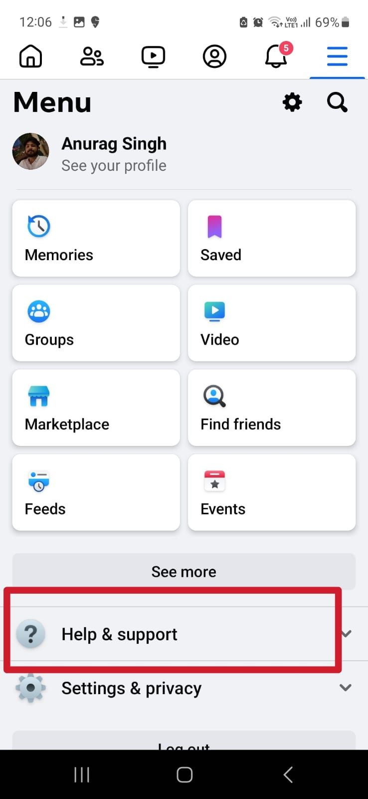 Captura de tela do menu de ajuda e suporte do aplicativo móvel do Facebook