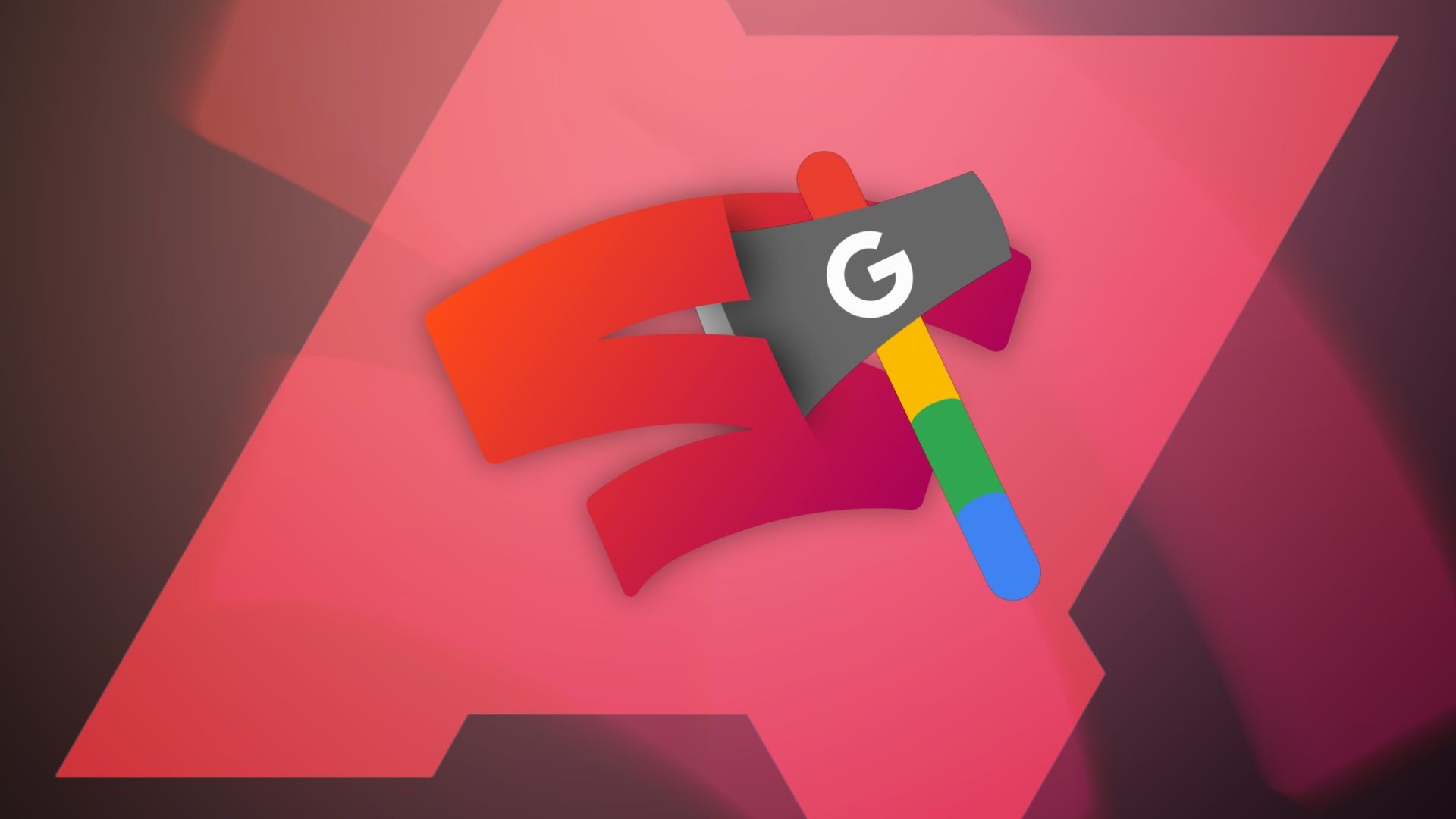O logotipo do Stadia com um machado com o logotipo do Google passando por tudo em cima do logotipo do Android Police