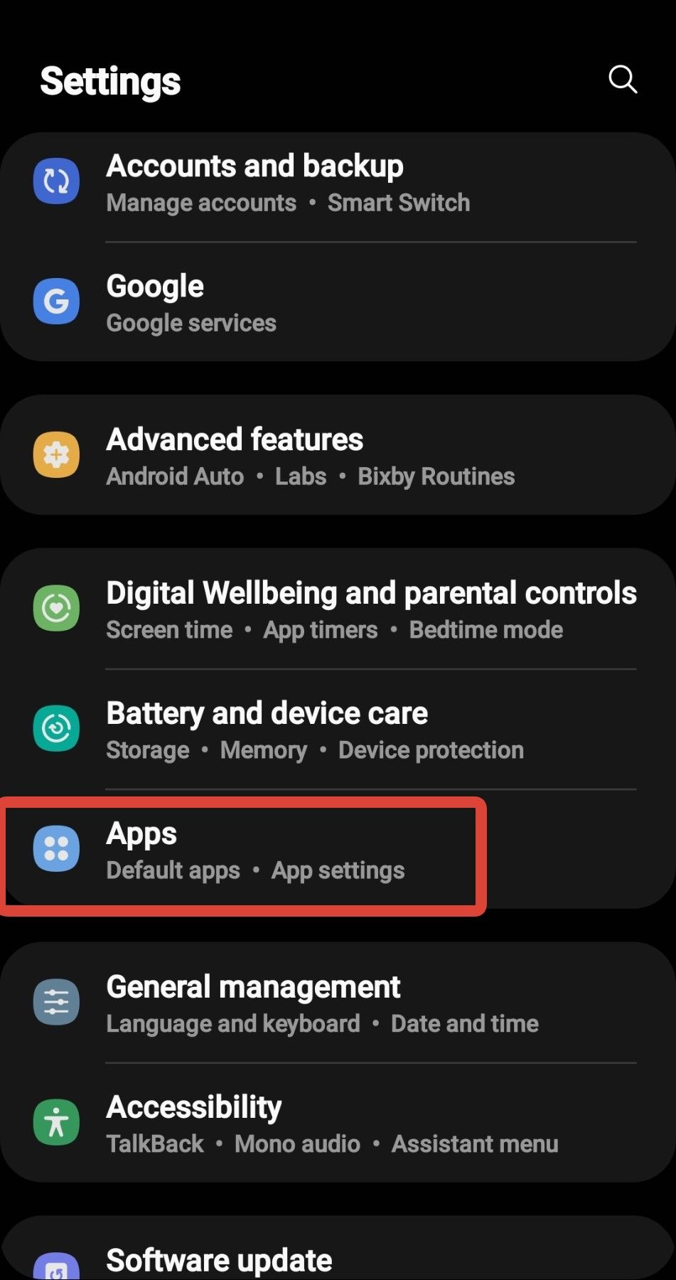 captura de tela do menu de configurações do Android Galaxy S 10 com destaque vermelho