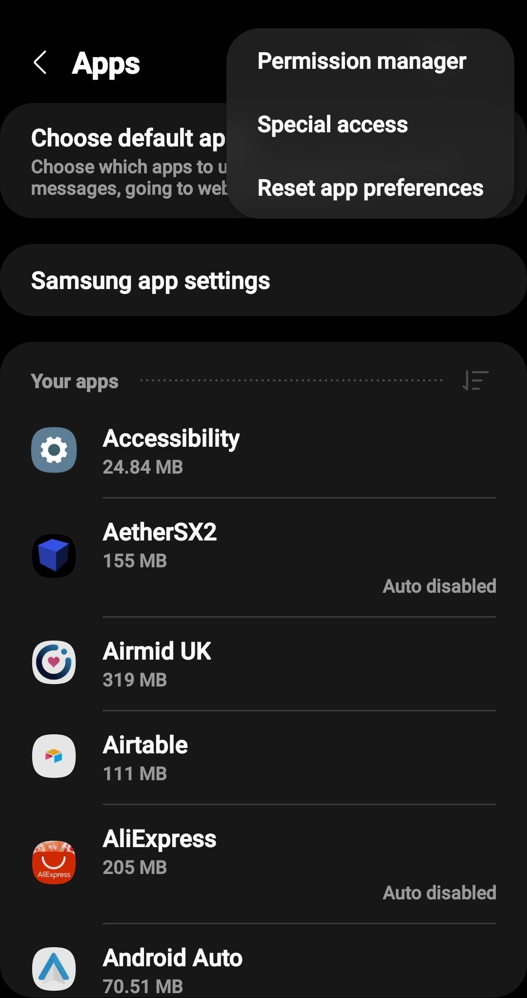 captura de tela do menu de opções de gerenciamento do aplicativo Android Galaxy S 10 