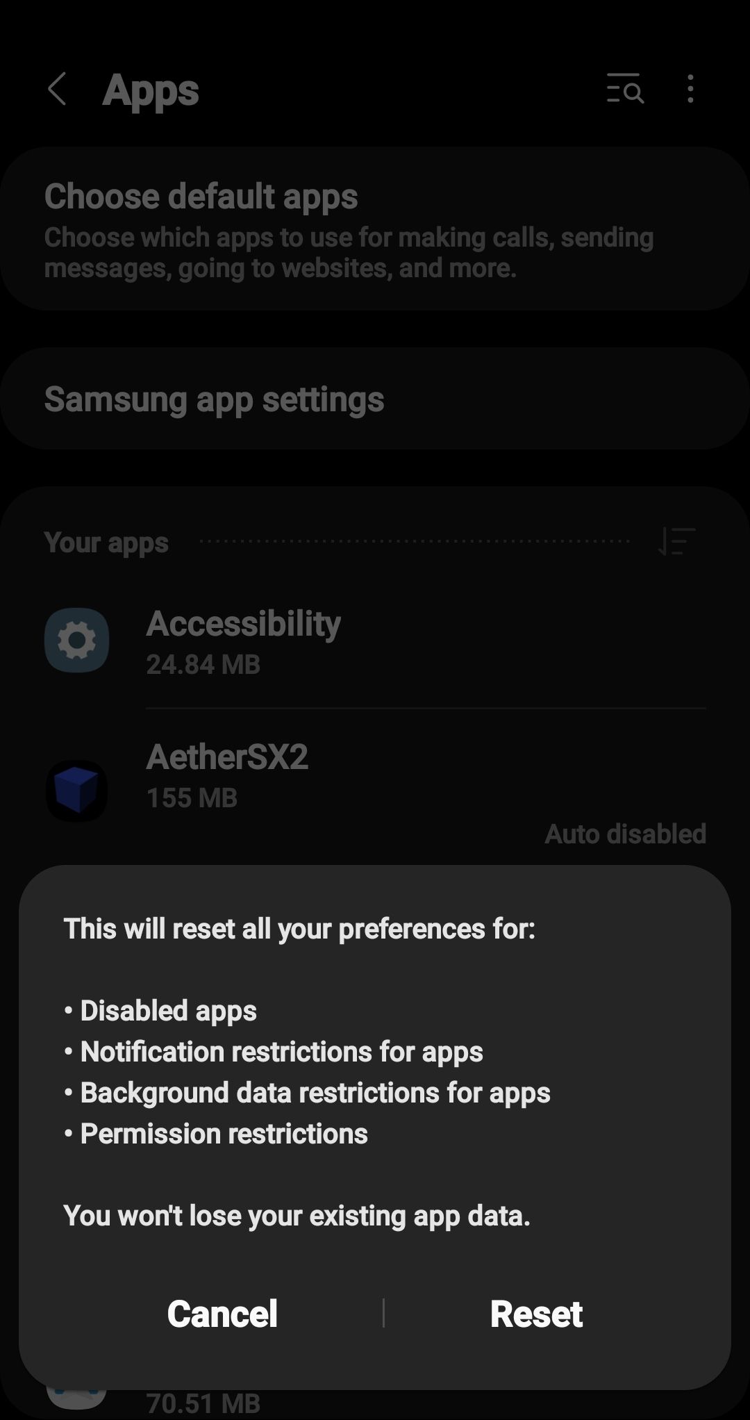 Captura de tela do prompt de redefinição do aplicativo Android Galaxy S 10 