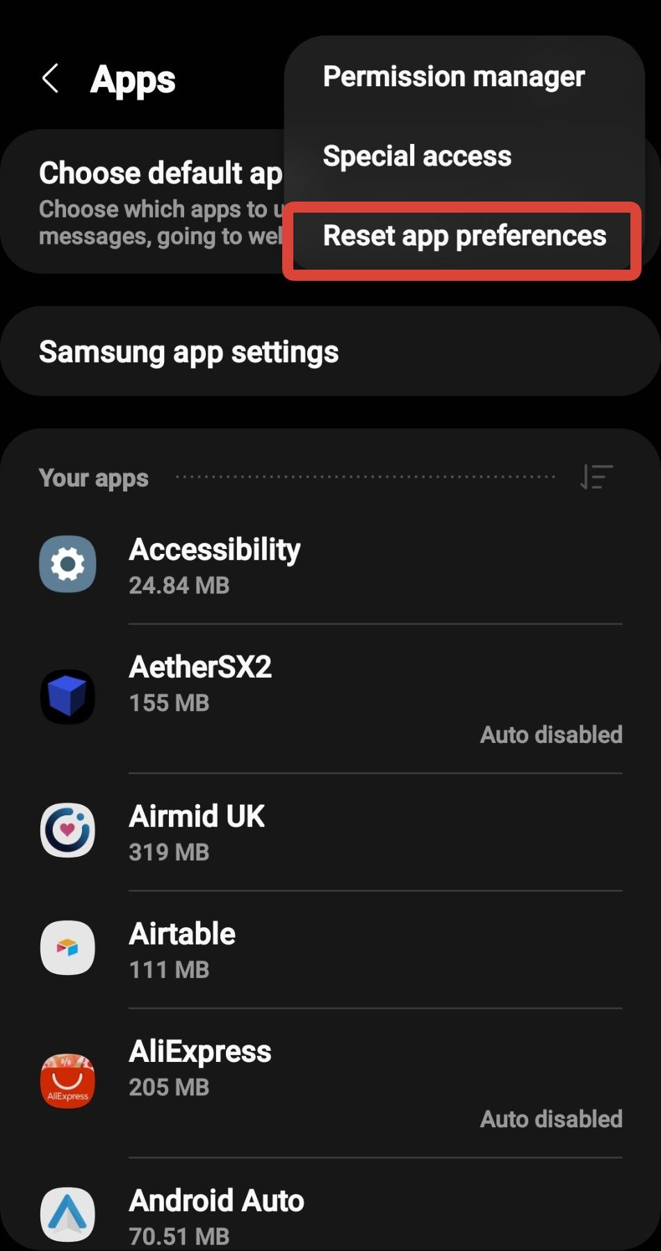 Captura de tela do menu de gerenciamento do aplicativo Android Galaxy S 10 com destaque em vermelho