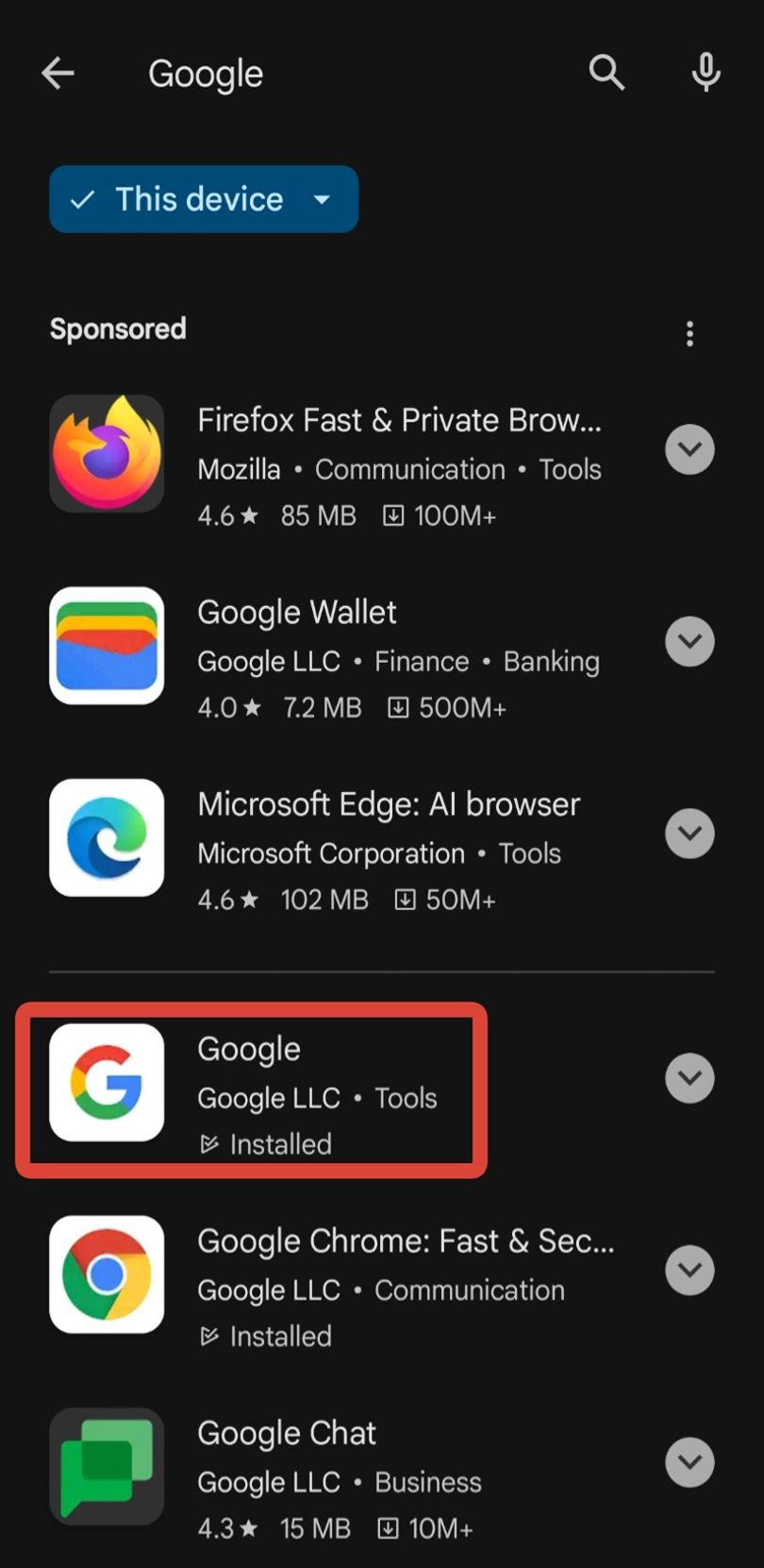 Uma captura de tela dos resultados de pesquisa da Google Play Store com o Google app em destaque