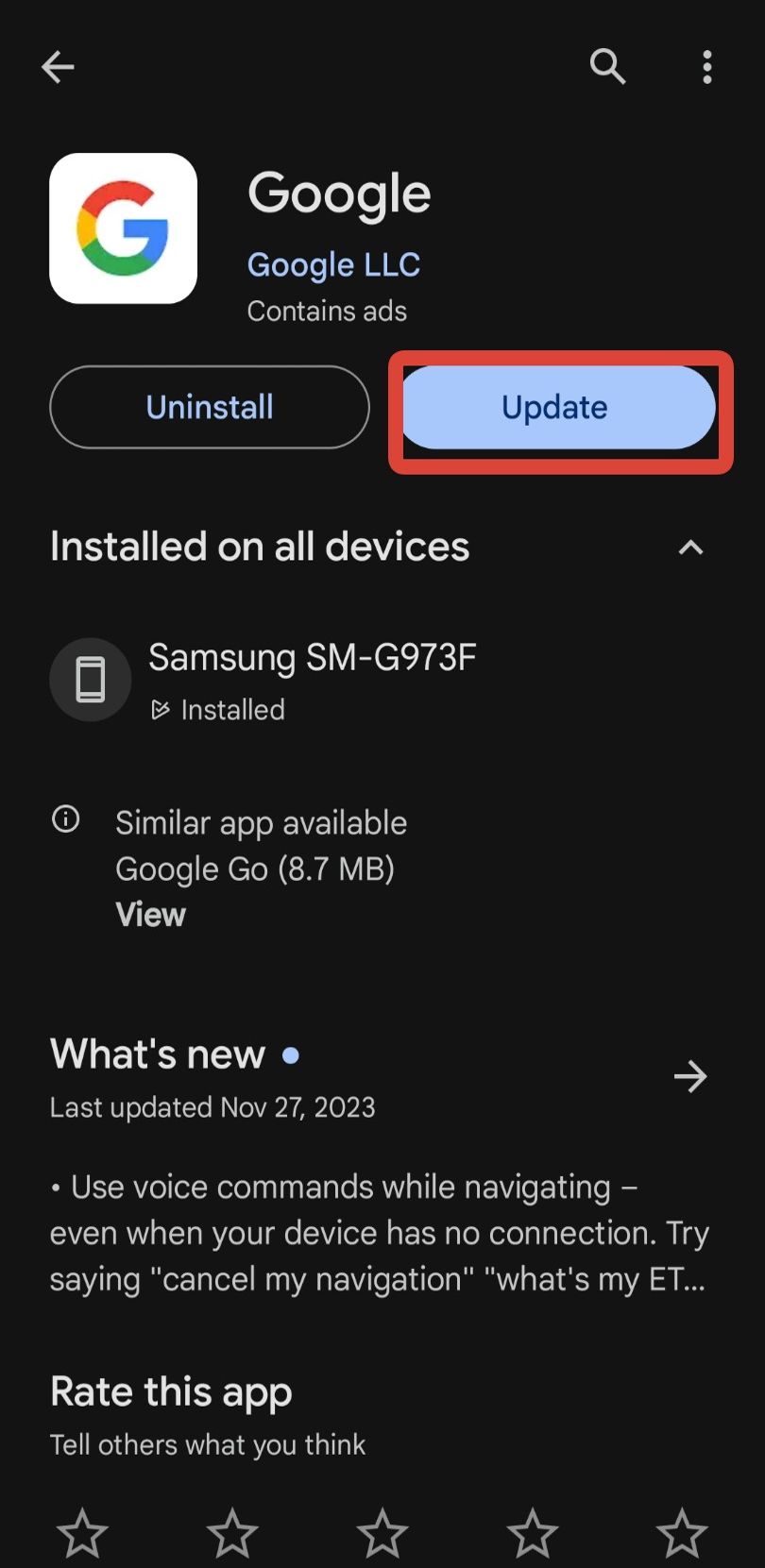 Uma captura de tela da página do Google Apps na Google Play Store com o botão de atualização em destaque