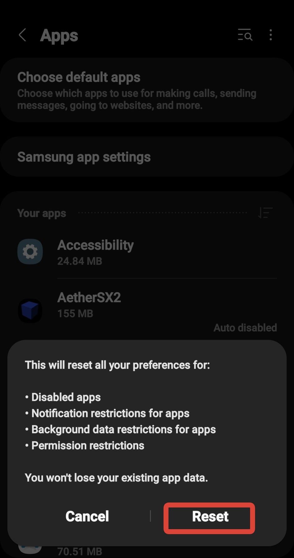 Uma captura de tela do prompt de redefinição do aplicativo Android Galaxy S 10 com destaque em vermelho