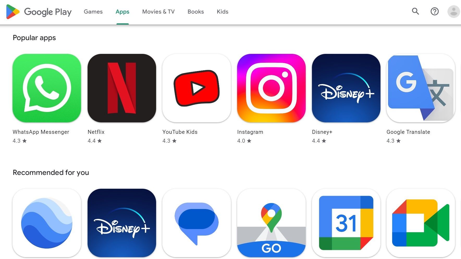 Site para desktop da Google Play Store exibindo alguns aplicativos populares.