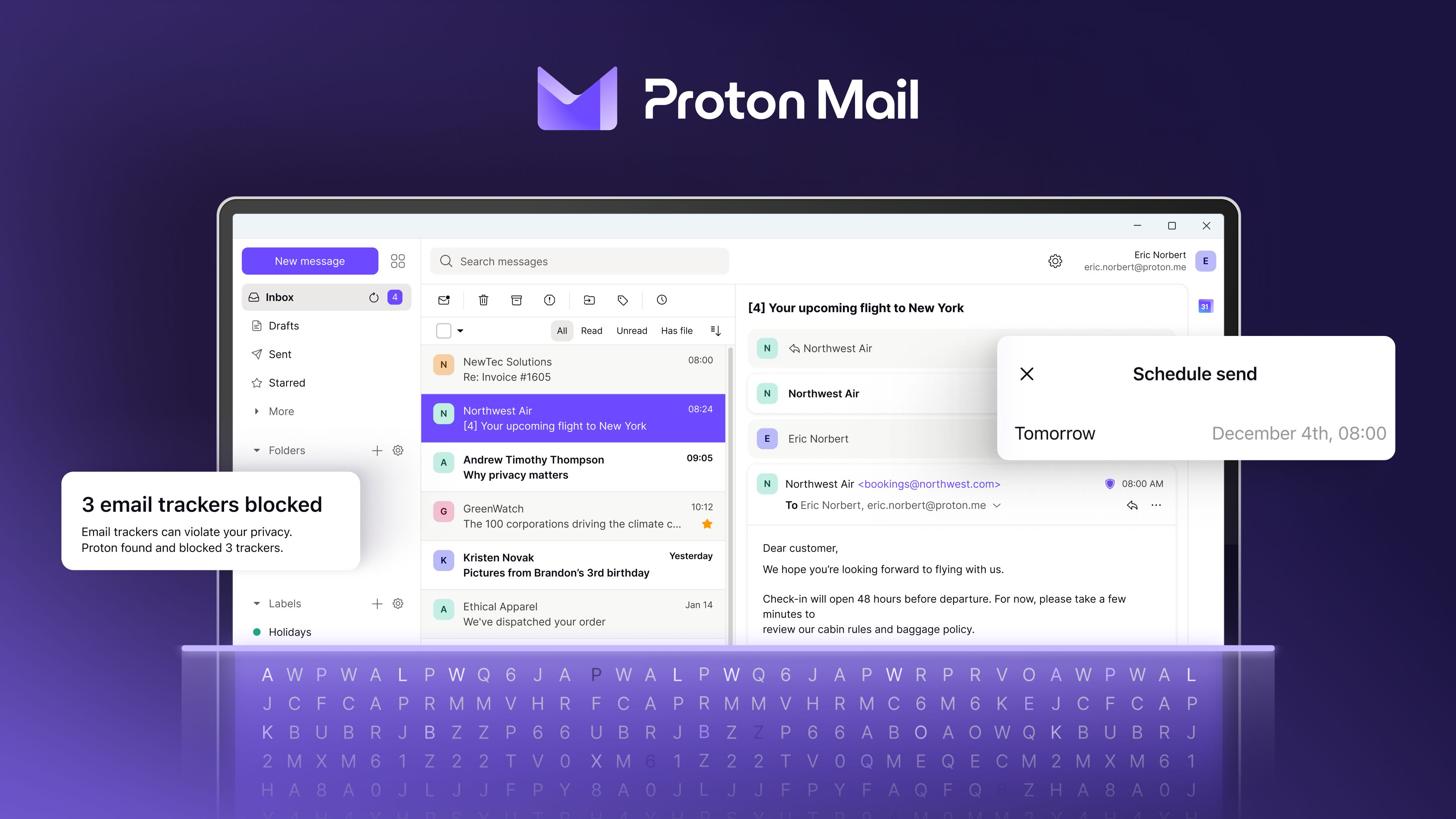 A tela do Proton Mail em um PC mostrando rastreadores de e-mail bloqueados e agendamento