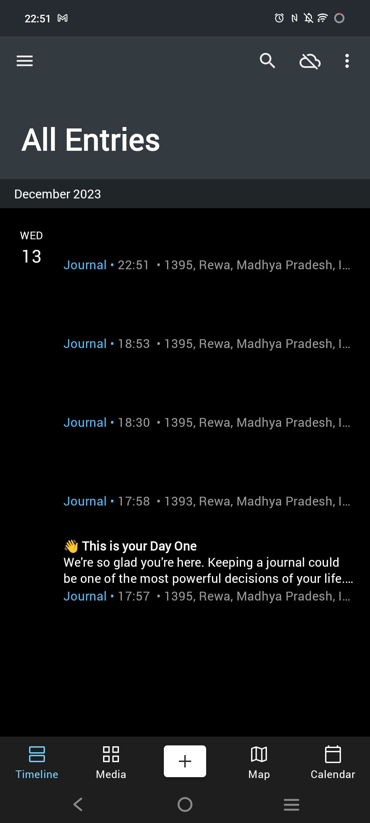 Captura de tela mostrando a linha do tempo do diário do primeiro dia