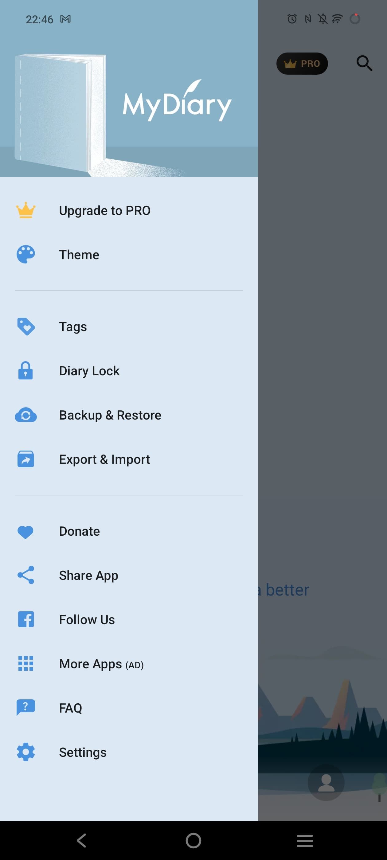 Captura de tela mostrando o menu do aplicativo Meu Diário