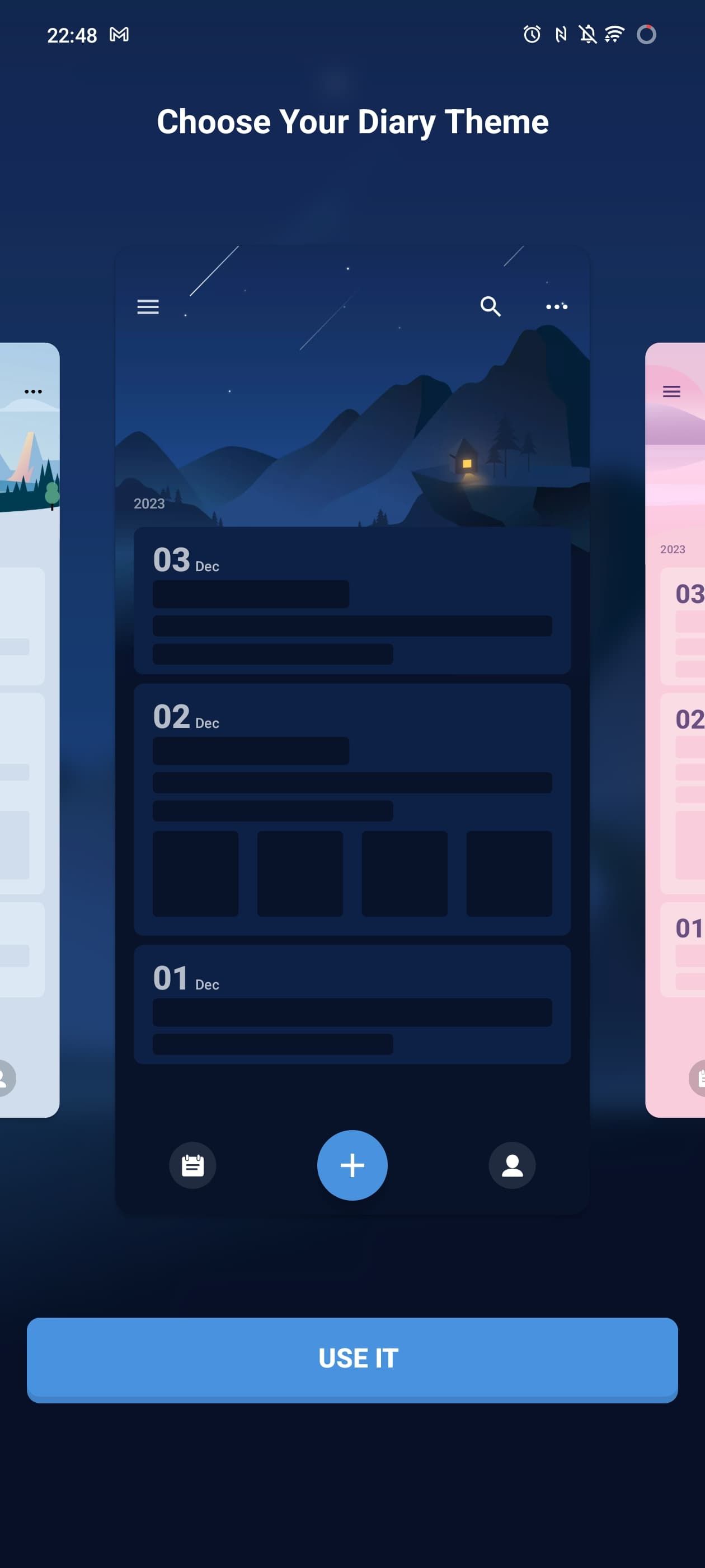Captura de tela mostrando os temas do aplicativo Meu Diário
