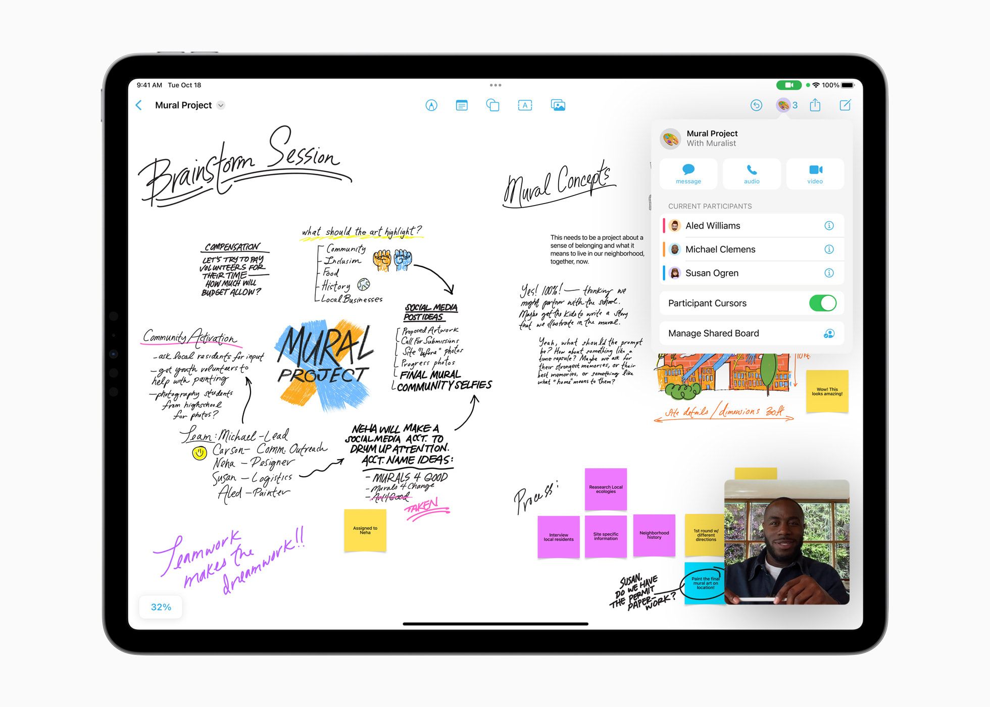 Sessão de brainstorming livre mostrando FaceTime e participantes.