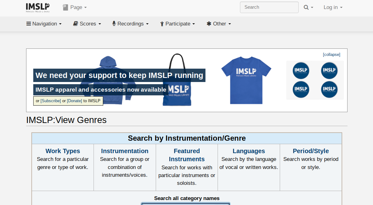 Captura de tela da página de pesquisa do Projeto Biblioteca Internacional de Partituras Musicais