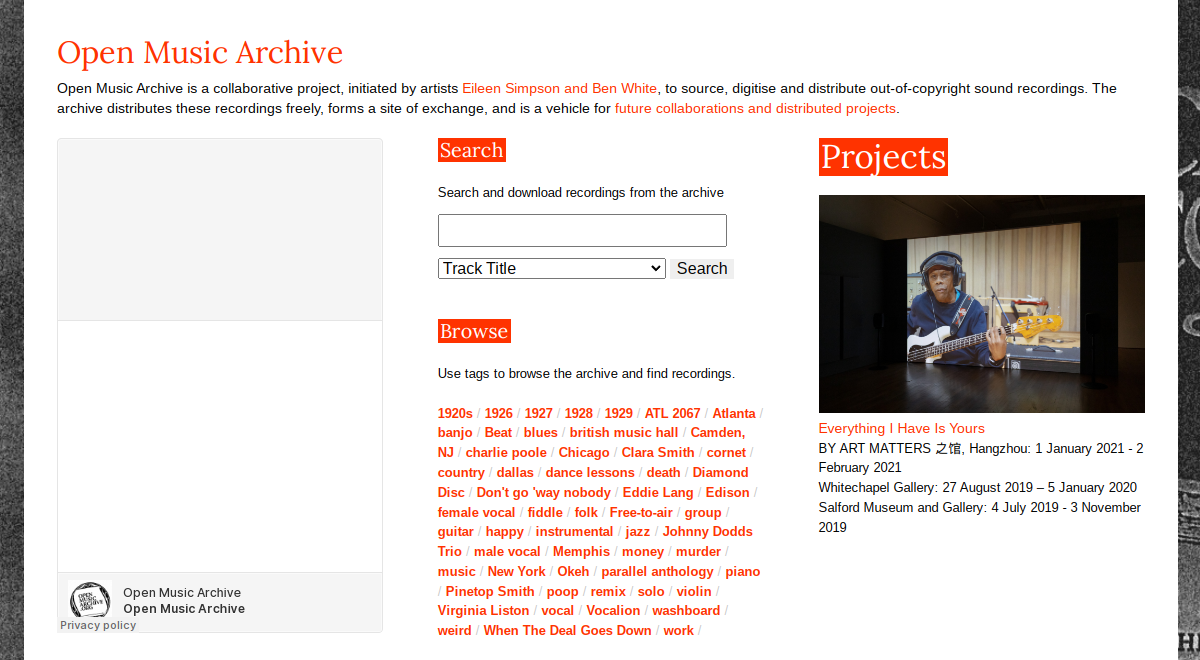 Captura de tela da página inicial do Open Music Archive