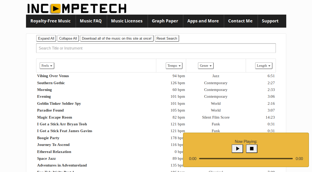 Captura de tela da página de pesquisa da Incompetech