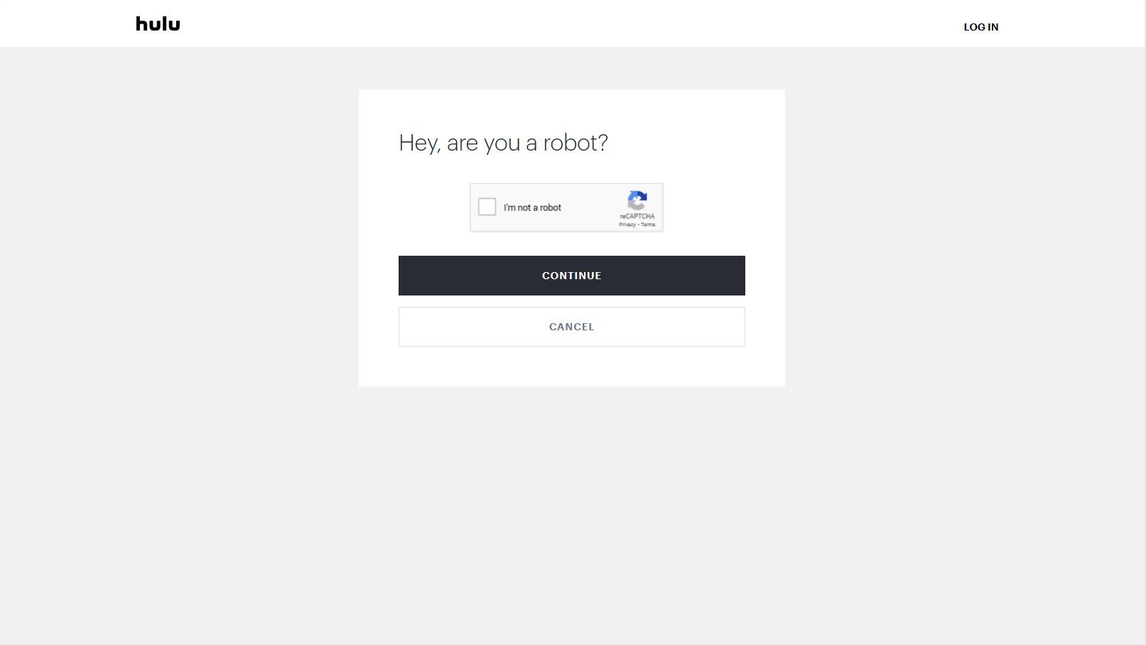 A caixa de verificação do Hulu perguntando se você é um robô.