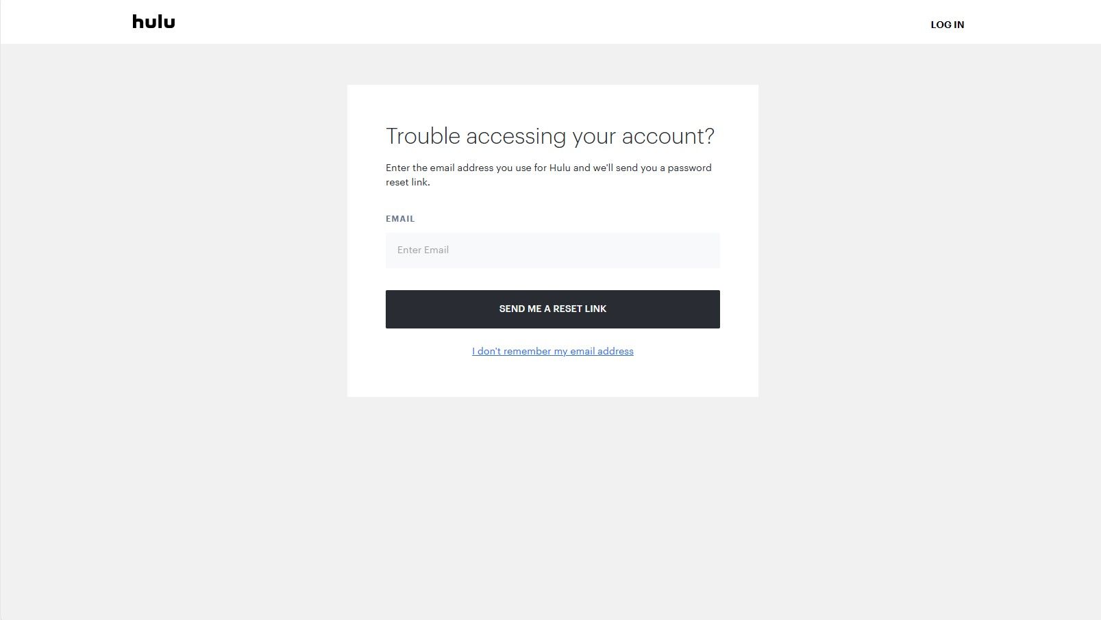 Página de redefinição de senha de e-mail do Hulu com um espaço para inserir seu e-mail.
