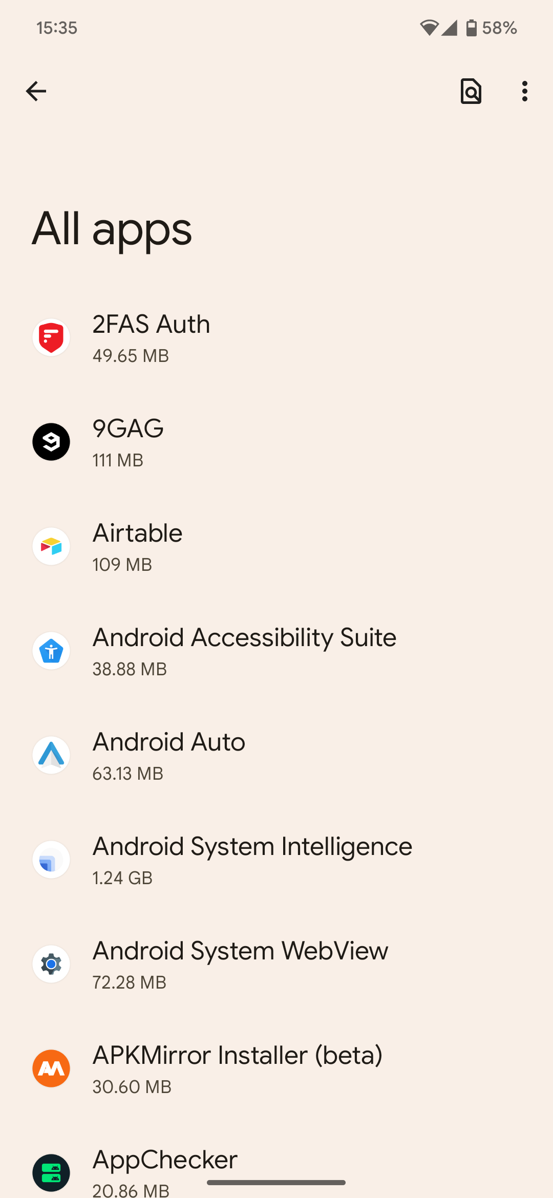 Captura de tela da seção Todos os aplicativos nas configurações do sistema do Android 13