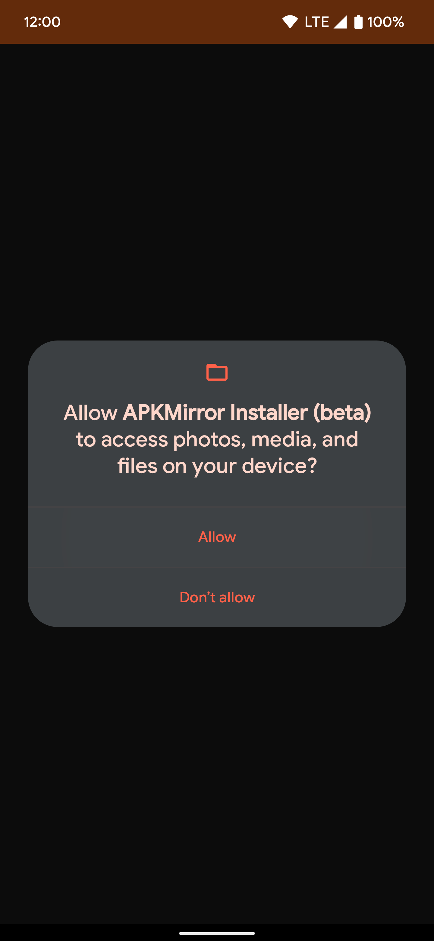 Captura de tela da caixa de diálogo de permissão do sistema para o APK Mirror Installer, solicitando acesso aos arquivos