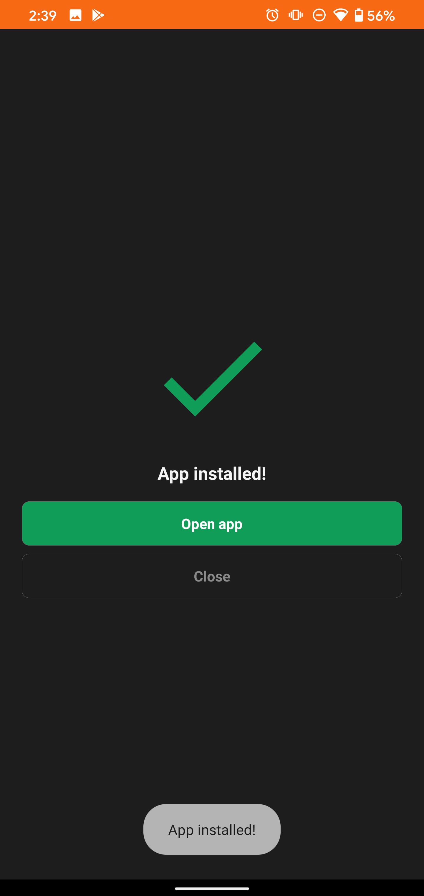 Captura de tela do APK Mirror Installer mostrando a mensagem de instalação bem-sucedida do aplicativo