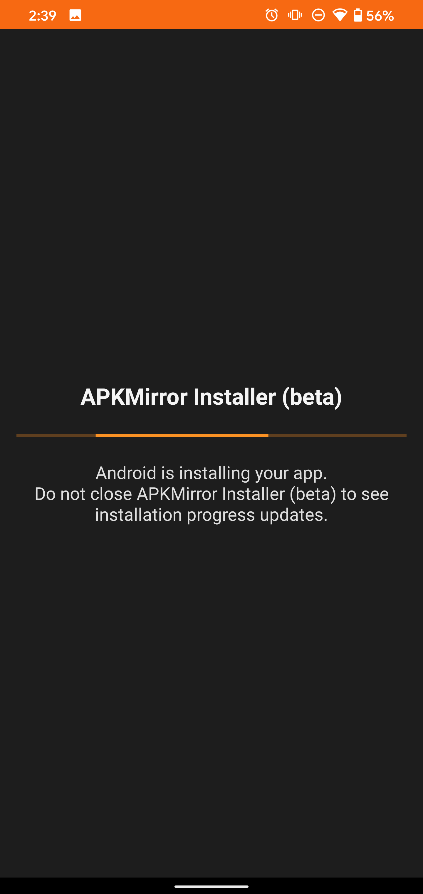 Captura de tela da barra de progresso da instalação do aplicativo APK Mirror Installer