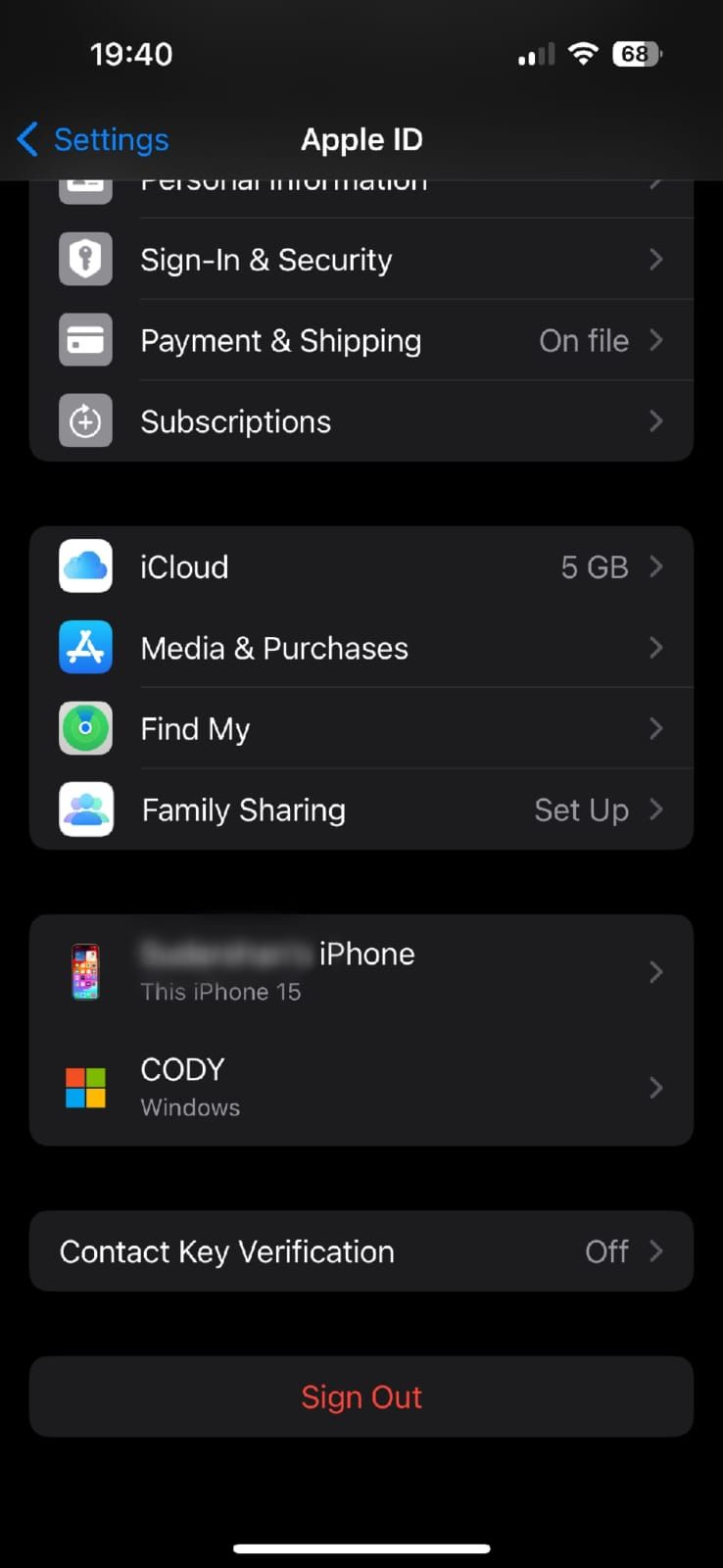 Captura de tela mostrando as configurações do iPhone Apple ID