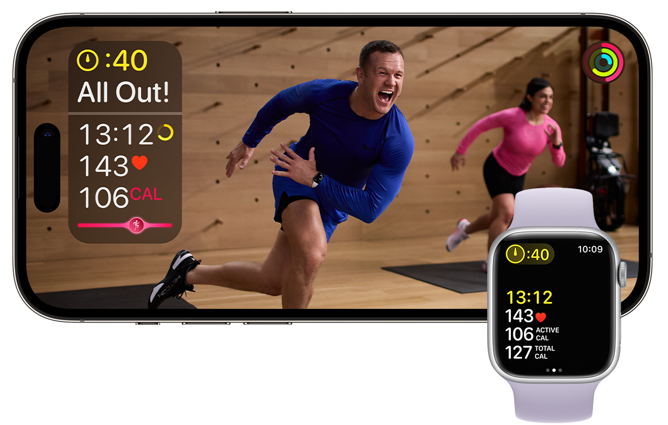 Exercícios Apple Fitness Plus exibidos no Apple Watch e iPhone com estatísticas.