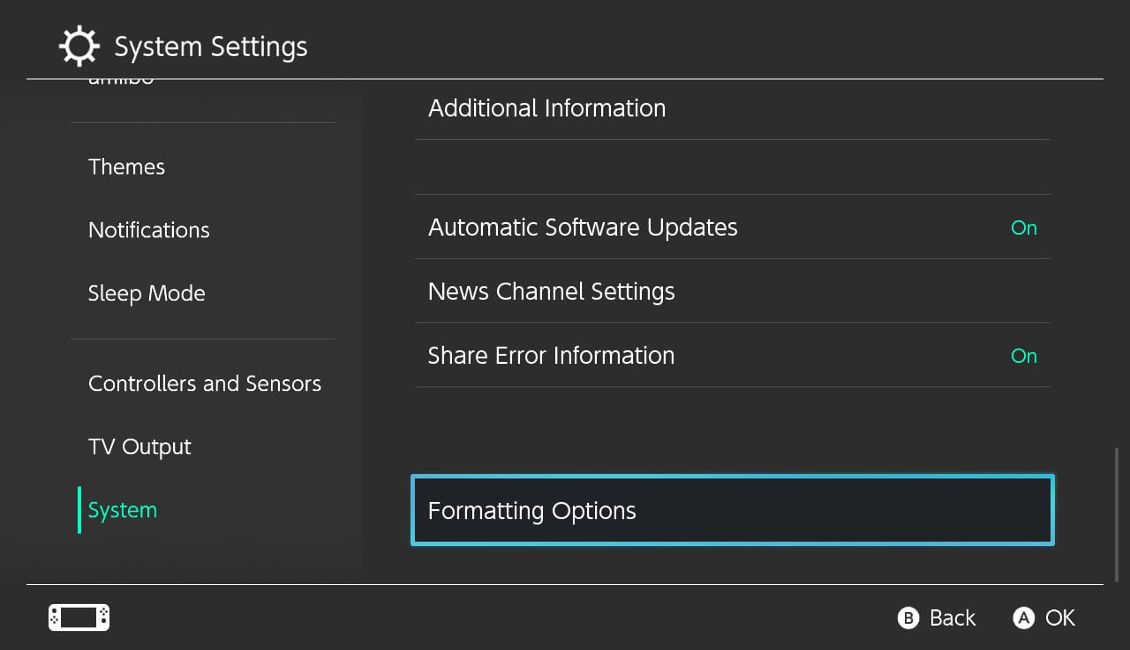 Uma captura de tela do menu do console Nintendo Switch com opções de formatação selecionadas