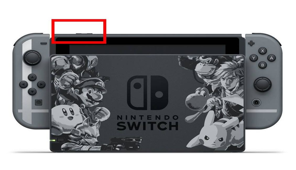 Uma captura de tela do Nintendo Switch com a localização dos botões liga/desliga indicada