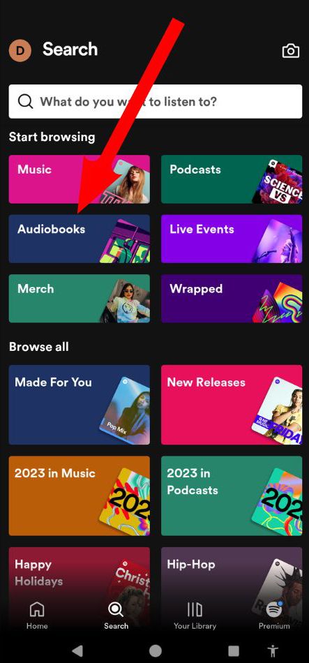 Uma seta vermelha aponta para a opção Audiolivros no menu de pesquisa do Spotify