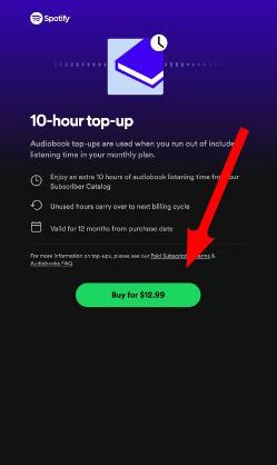 A seta vermelha aponta para a opção de comprar uma recarga de audiolivro do Spotify