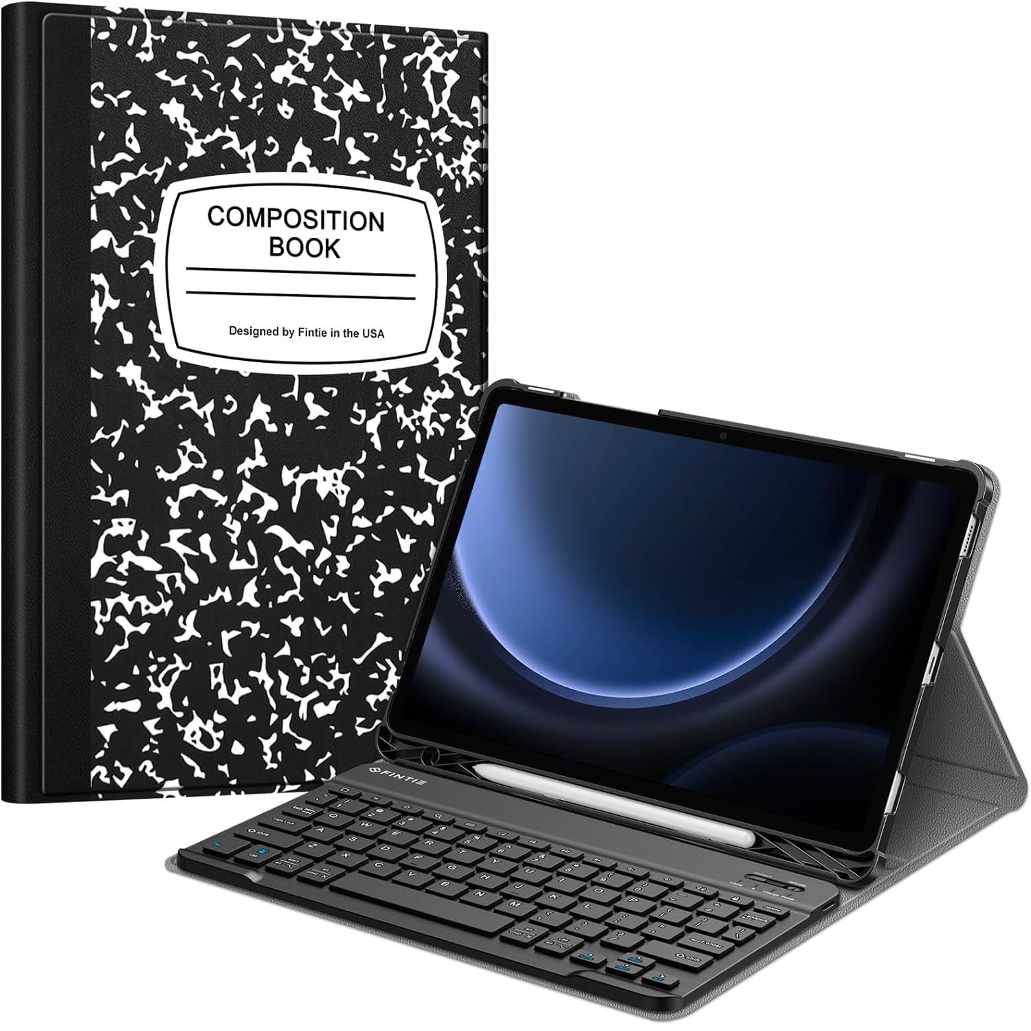 Capa de teclado Fintie para Galaxy Tab S9 mostrada apoiada no suporte e em pé