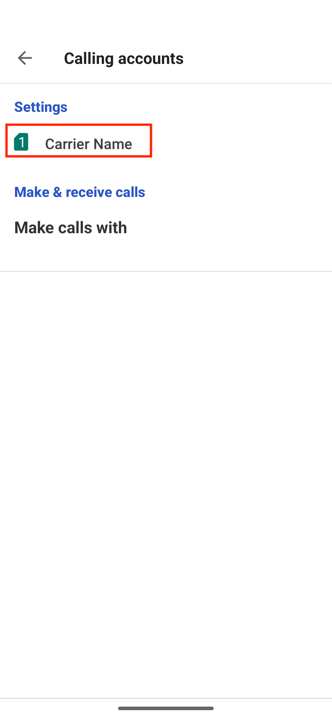 O menu de contas de chamadas do Phone by Google com a opção Operadora destacada.