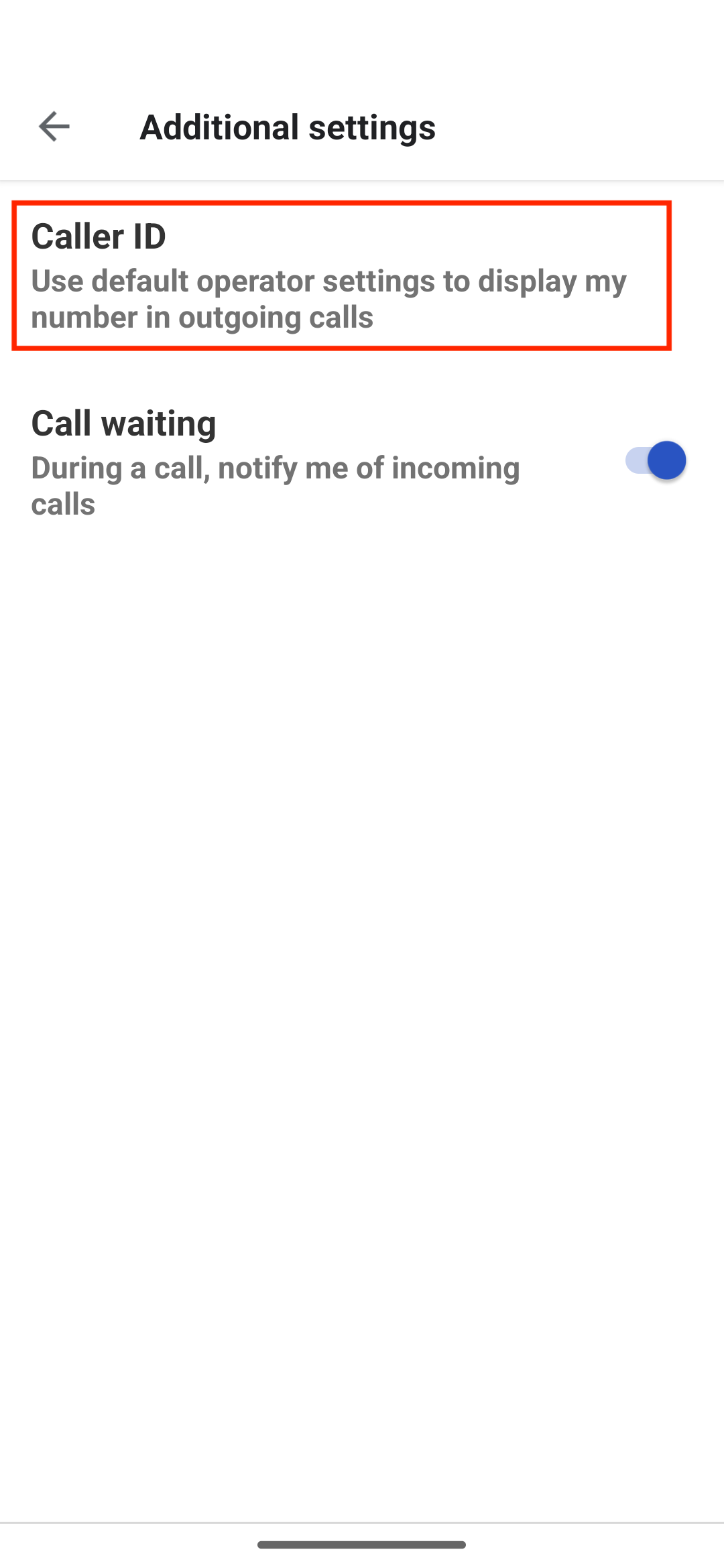 A opção Caller ID destacada no aplicativo Phone by Google. 