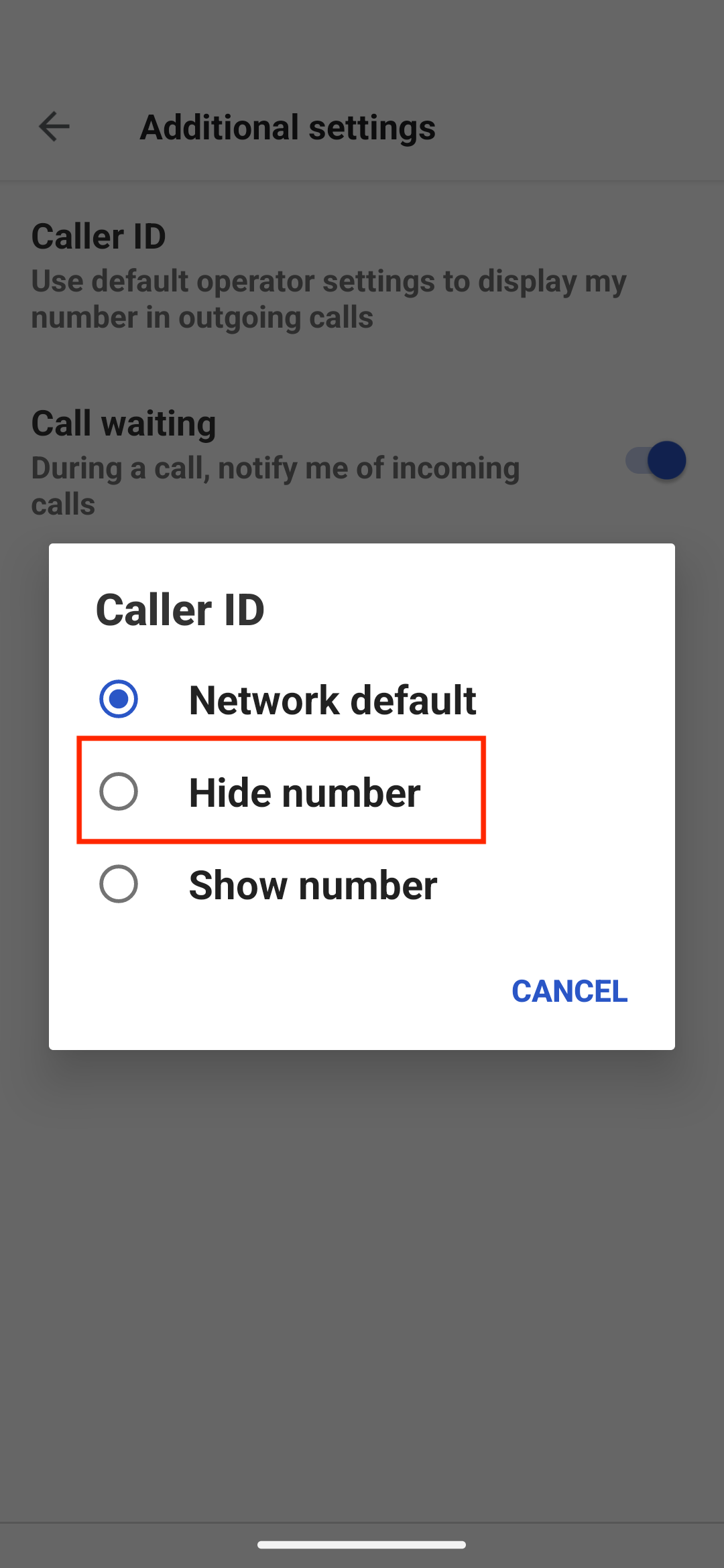 O menu pop-up Caller ID com a opção Ocultar número destacada. 